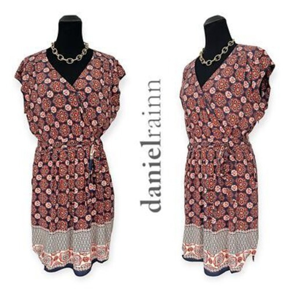 Daniel Rainn Navy Blue Orange Medallion Print V-Neck Shift Women Dress size S